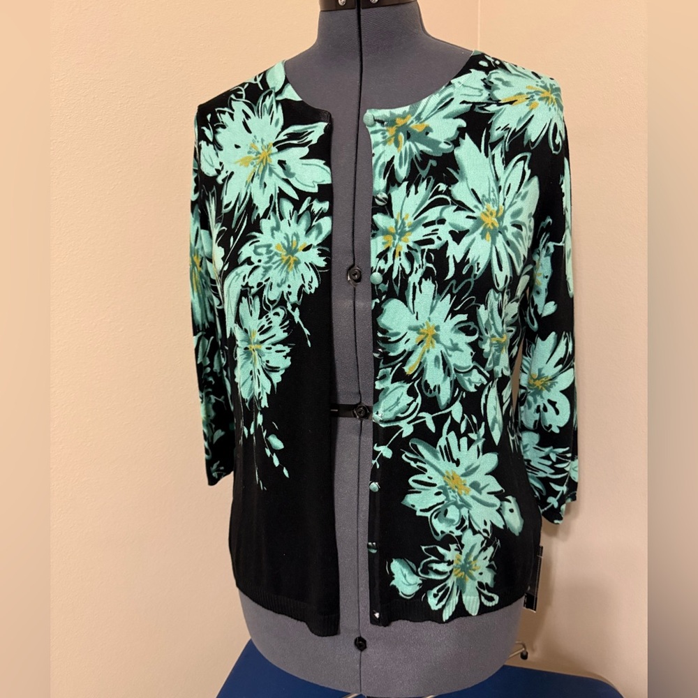 Elementz Black & Green Floral Button Down Cardigan Sweater